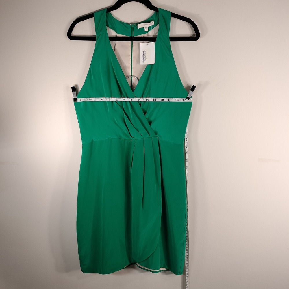 Lavender Brown Green 100% Silk V-Neck Faux Wrap Mini Dress NWT